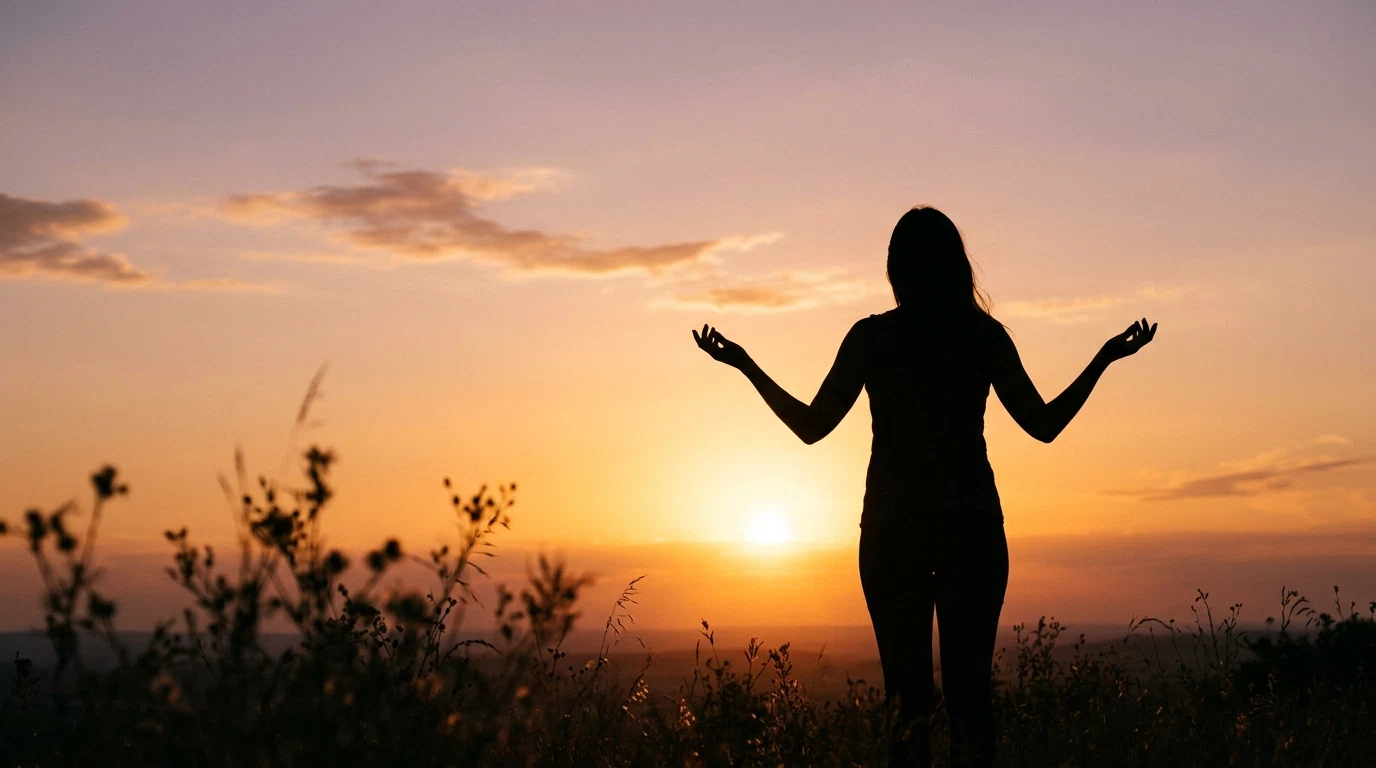 Silhouet vrouw tegen gouden zonsondergang - actieve leefstijl gewichtsbeheer